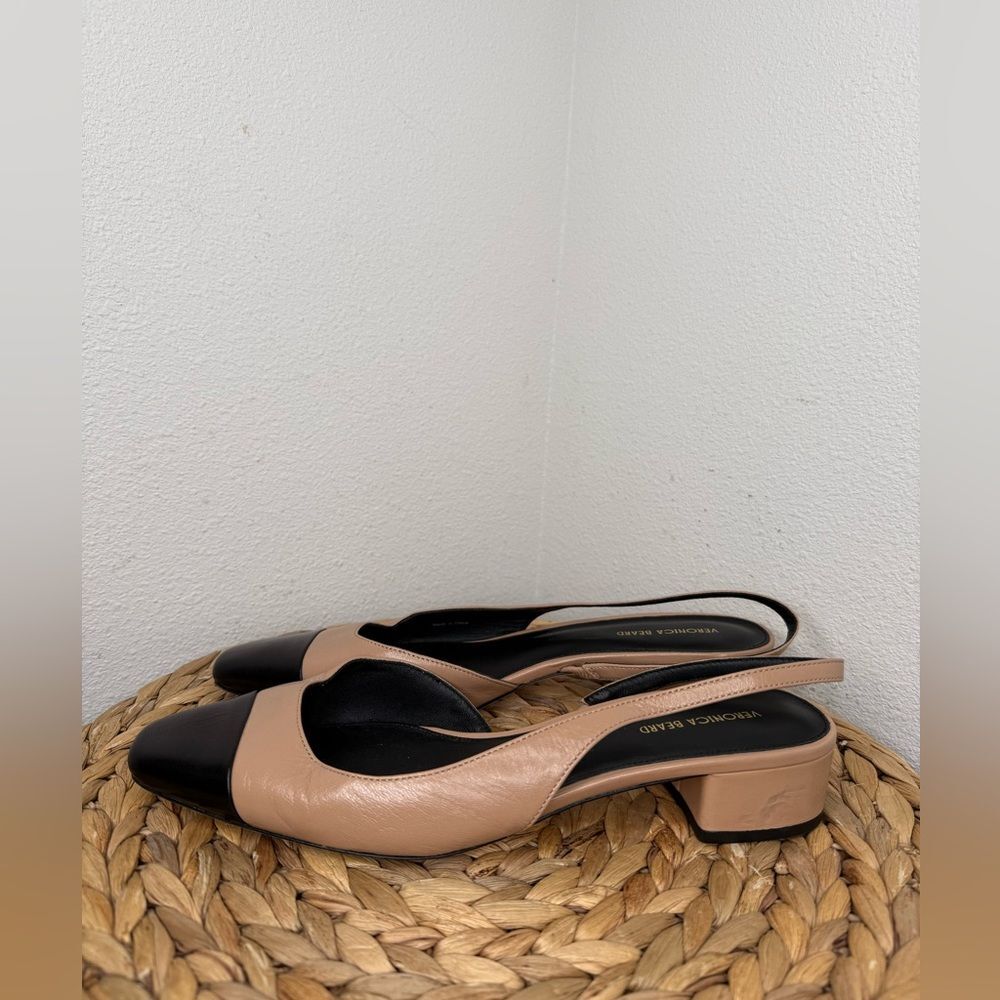 Veronica Beard Heels Cecile Half d'Orsay Slingback Block Heel Captoe black camel - Picture 2 of 10